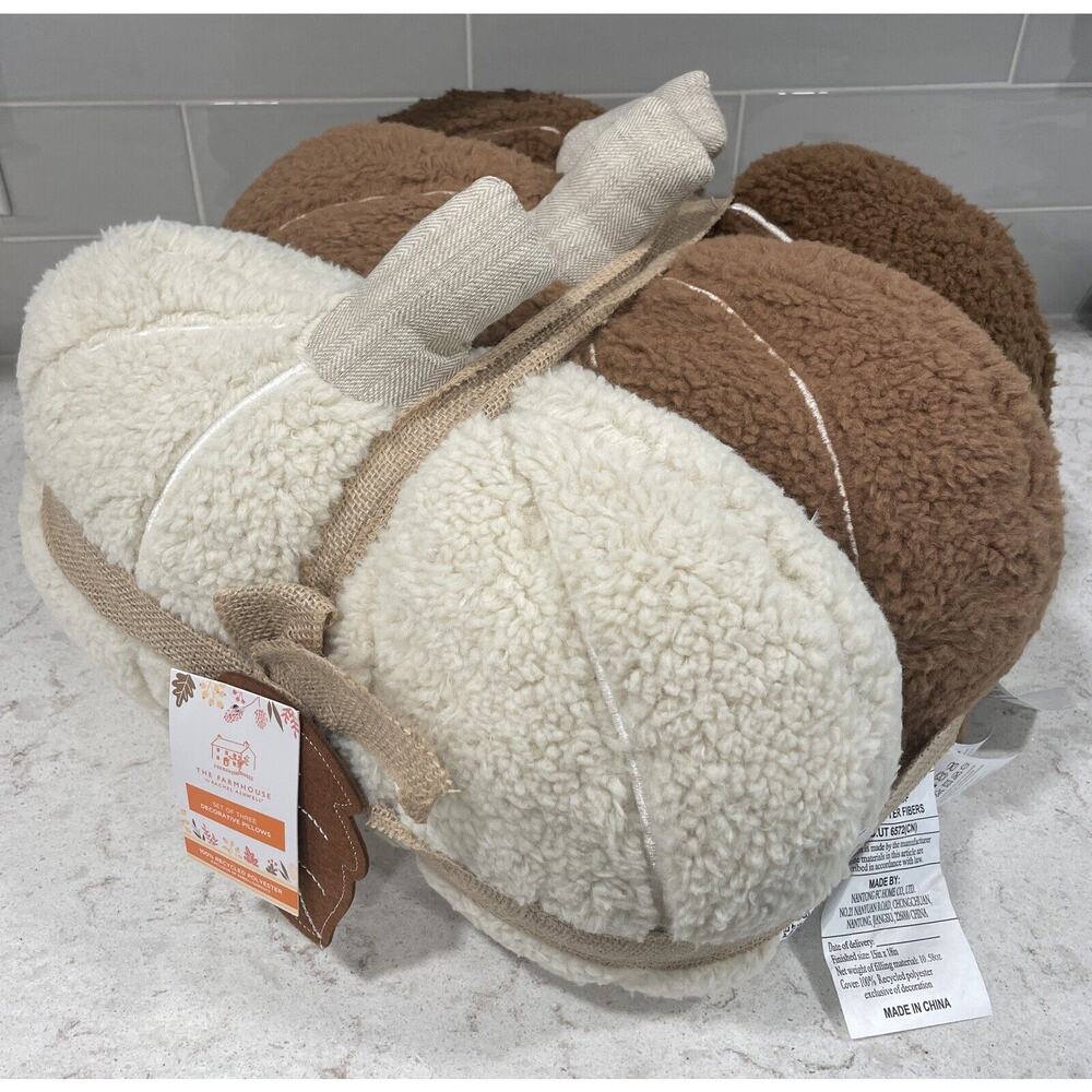 Set 3 Rachel Ashwell Pumpkin Plush Pillow Farmhouse Halloween Autumn Brown Cream